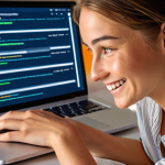 A young woman, smiling warmly, looks at a laptop screen displaying a personalized email. The email is highly tailored, showing product recommendations specifically for her, perhaps with her name prominently displayed and an offer related to her past browsing history. Subtle glowing lines or abstract data patterns emanate from behind the screen, hinting at the AI and data analysis at play. The overall mood is one of delight and trust, emphasizing the human connection fostered by hyper-personalization in email marketing. Realistic, vibrant colors, soft lighting.