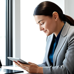 A professional woman, fully clothed in a modest business suit, seated comfortably at a modern desk, interacting with a sleek, glowing tablet. The tablet screen displays a highly personalized user interface with product recommendations tailored specifically to her browsing history and preferences, featuring clothing items that align with her style. The background is a clean, contemporary home office with soft, natural light, emphasizing innovation and customer-centric design. Perfect anatomy, correct proportions, natural pose, well-formed hands, proper finger count, natural body proportions. Safe for work, appropriate content, fully clothed, family-friendly, professional dress. High quality, realistic photography, sharp focus.