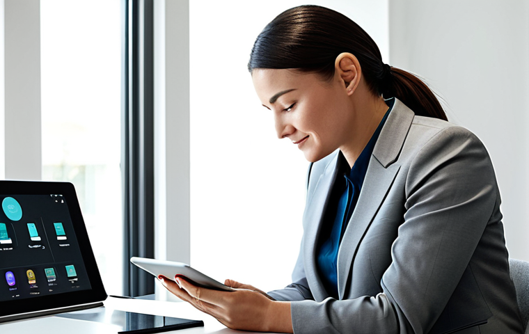 A professional woman, fully clothed in a modest business suit, seated comfortably at a modern desk, interacting with a sleek, glowing tablet. The tablet screen displays a highly personalized user interface with product recommendations tailored specifically to her browsing history and preferences, featuring clothing items that align with her style. The background is a clean, contemporary home office with soft, natural light, emphasizing innovation and customer-centric design. Perfect anatomy, correct proportions, natural pose, well-formed hands, proper finger count, natural body proportions. Safe for work, appropriate content, fully clothed, family-friendly, professional dress. High quality, realistic photography, sharp focus.