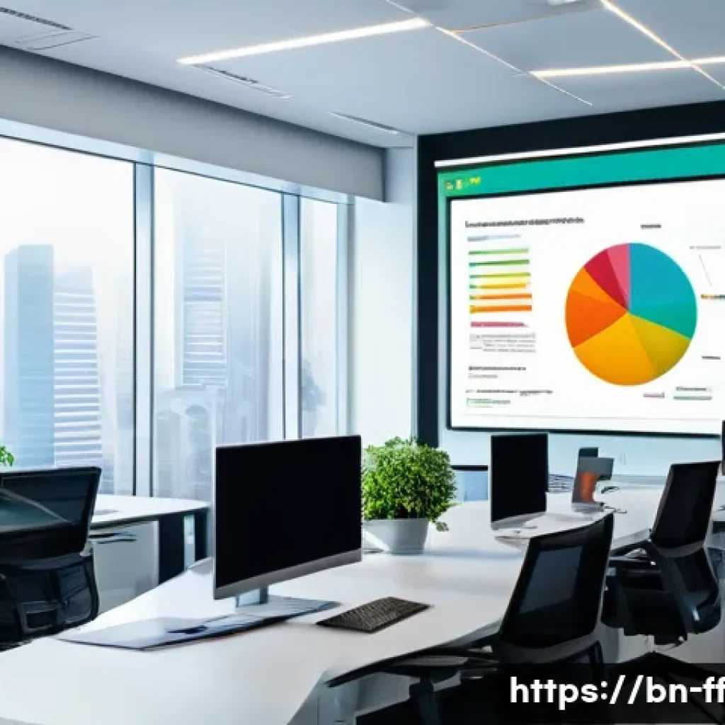 하이퍼 퍼스널라이제이션을 위한 데이터 시각화 - A modern office workspace featuring a large digital dashboard screen displaying colorful interactive...