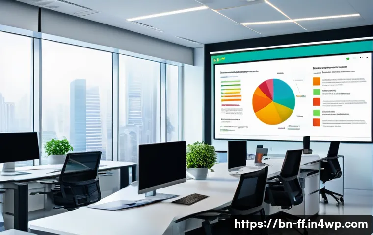 하이퍼 퍼스널라이제이션을 위한 데이터 시각화 - A modern office workspace featuring a large digital dashboard screen displaying colorful interactive...