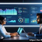 Home 22 하이퍼 퍼스널라이제이션과 디지털 혁신 - A modern digital marketing office scene featuring a diverse team analyzing big data on multiple tran...