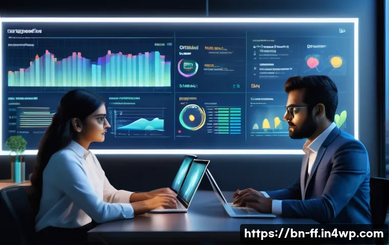 하이퍼 퍼스널라이제이션과 디지털 혁신 - A modern digital marketing office scene featuring a diverse team analyzing big data on multiple tran...